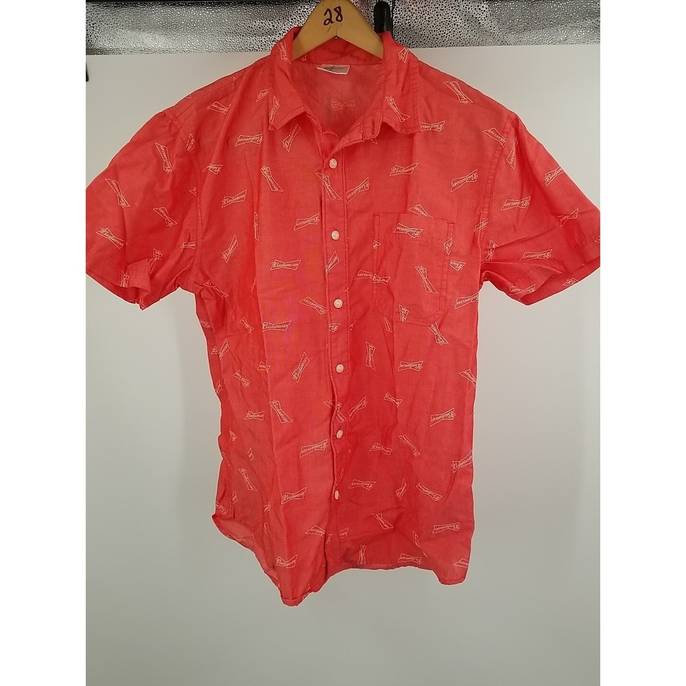 Budweiser Mens Red Short Sleeve Button Up Shirt Medium Graphic Print Casual